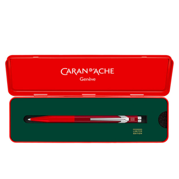 Caran d'Ache 849 ballpoint, Wonder Forest red, gift box open